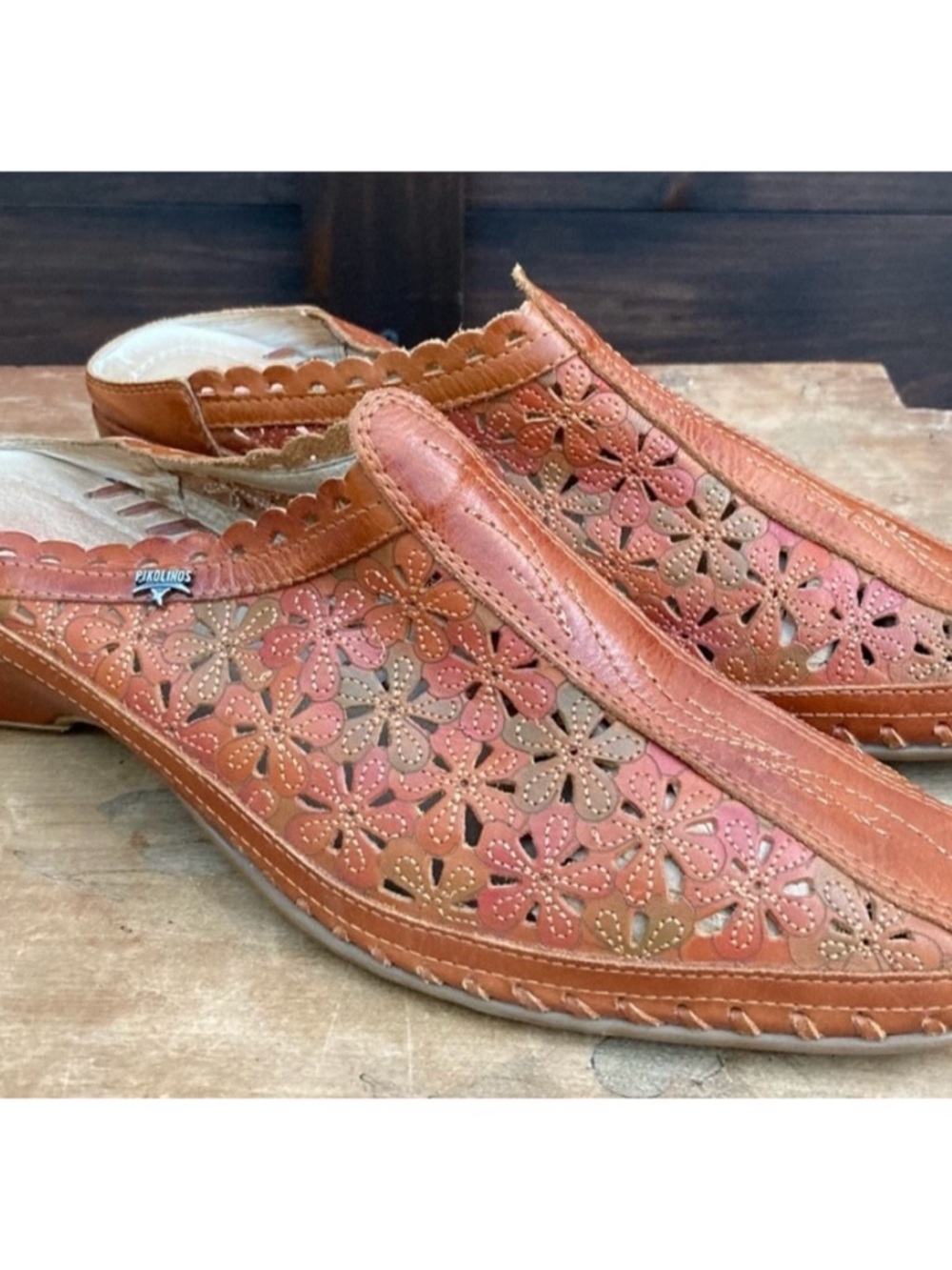PIKOLINOS Floral Laser-Cut Leather Embossed Brown Mules Shoes Slides 39 8.5 9
